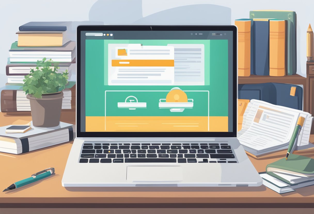 A laptop displaying various affiliate marketing programs, surrounded by books and a notepad with a pen. An open window lets in natural light