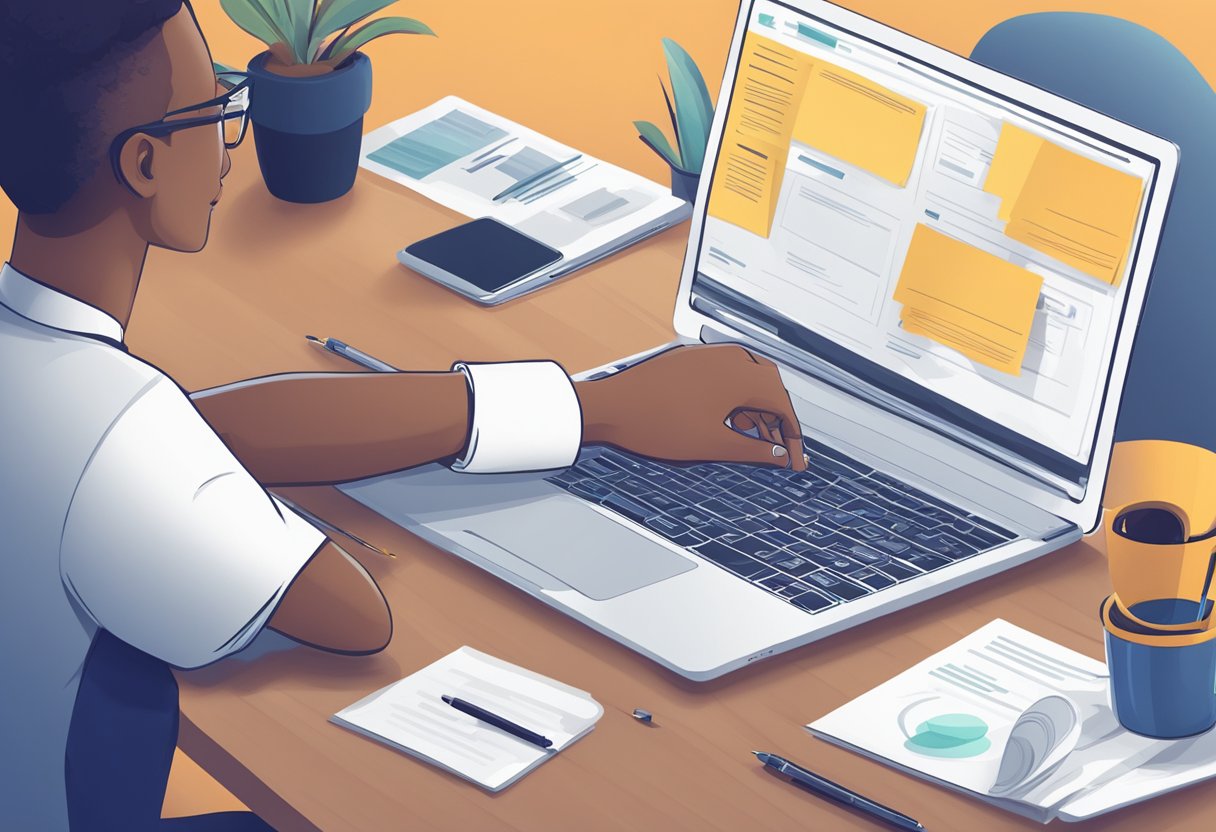 A laptop displaying various affiliate marketing programs with a person taking notes and brainstorming ideas