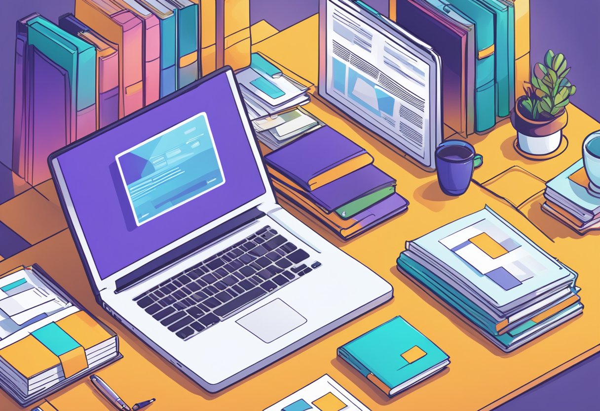 A laptop with a "Getting Started with Affiliate Marketing" guide open on the screen, surrounded by books on affiliate marketing programs for beginners