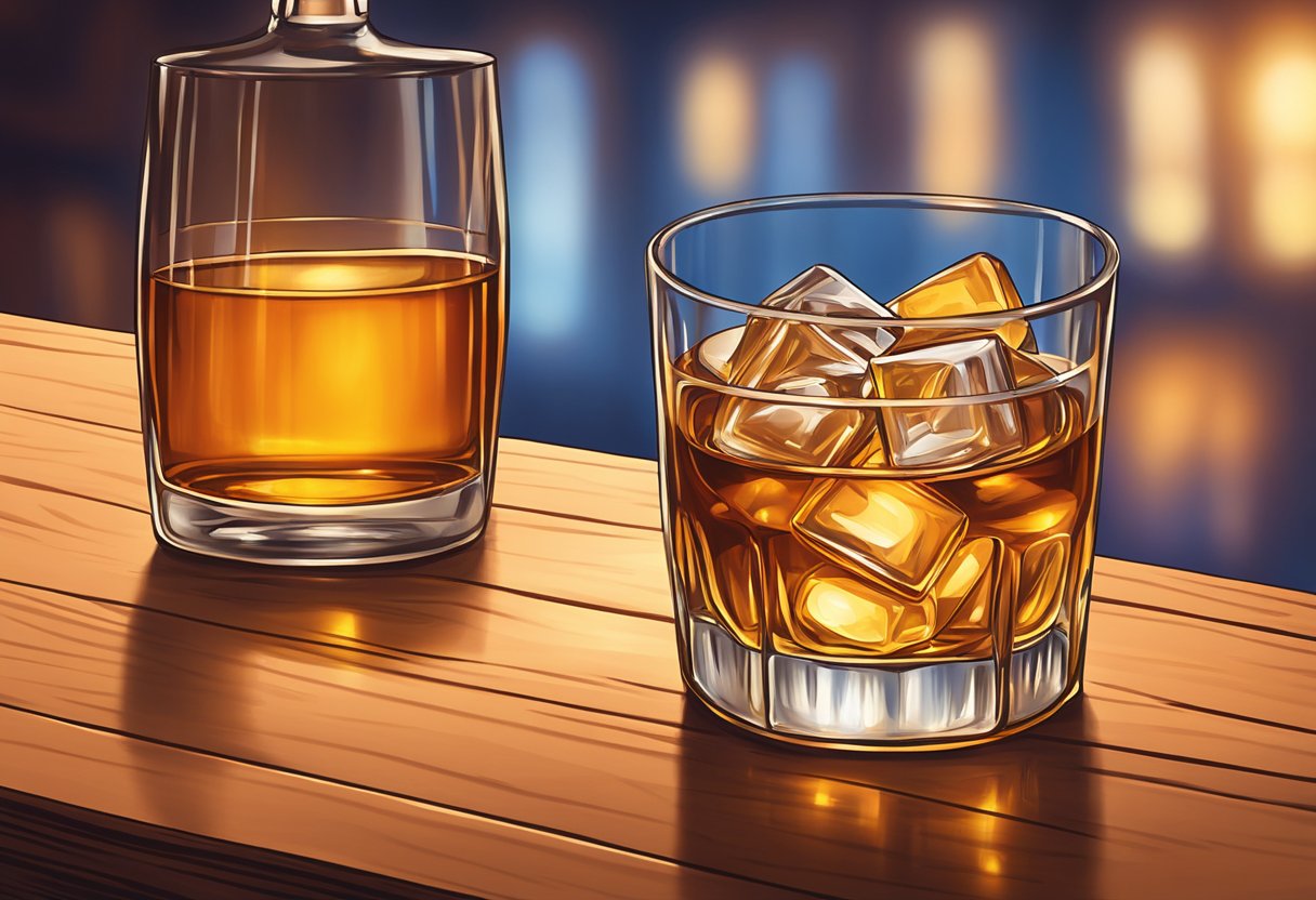 A glass of Old Grand Dad bourbon sits on a wooden table, surrounded by a warm, inviting glow. The rich amber liquid appears to glisten in the soft light, hinting at its smooth and complex flavor profile