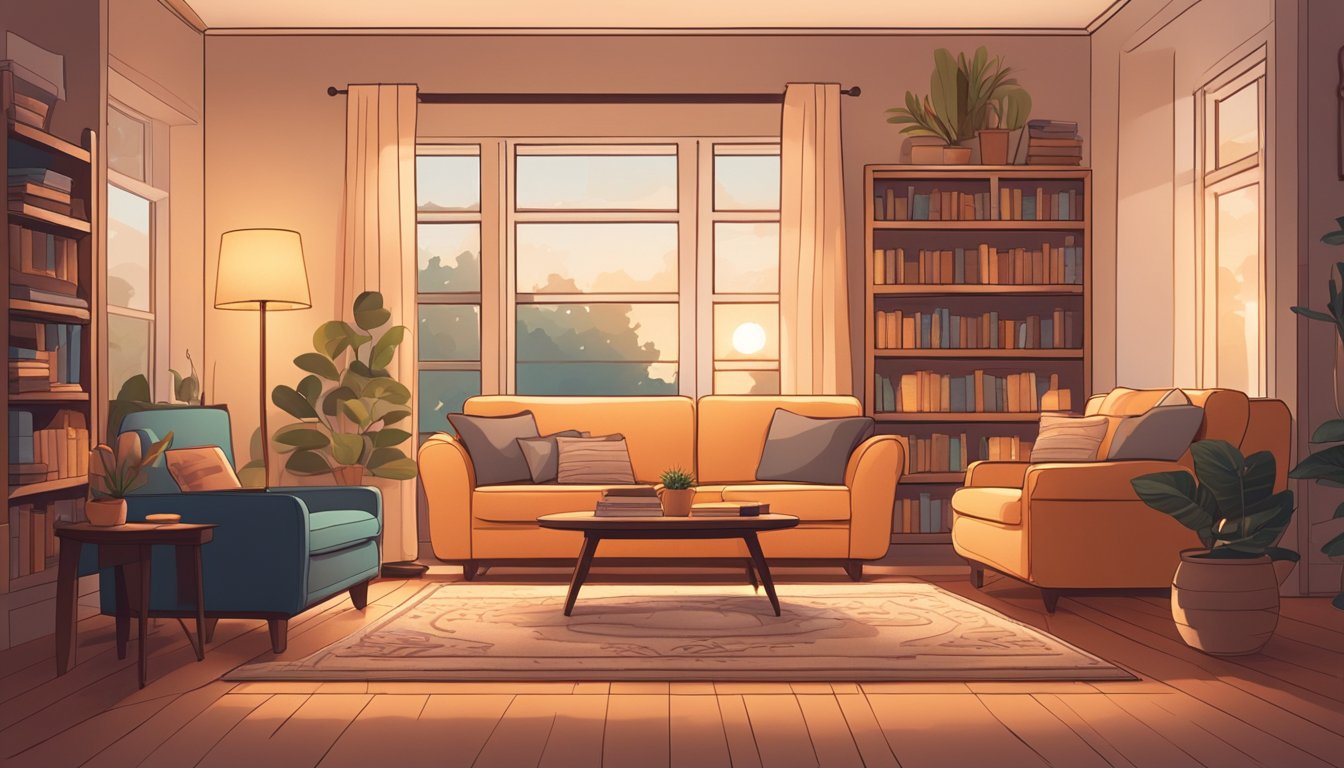 A cozy living room with a plush sofa, a coffee table, and a bookshelf filled with books and decorative items. A soft rug covers the floor, and a warm glow emanates from the table lamp