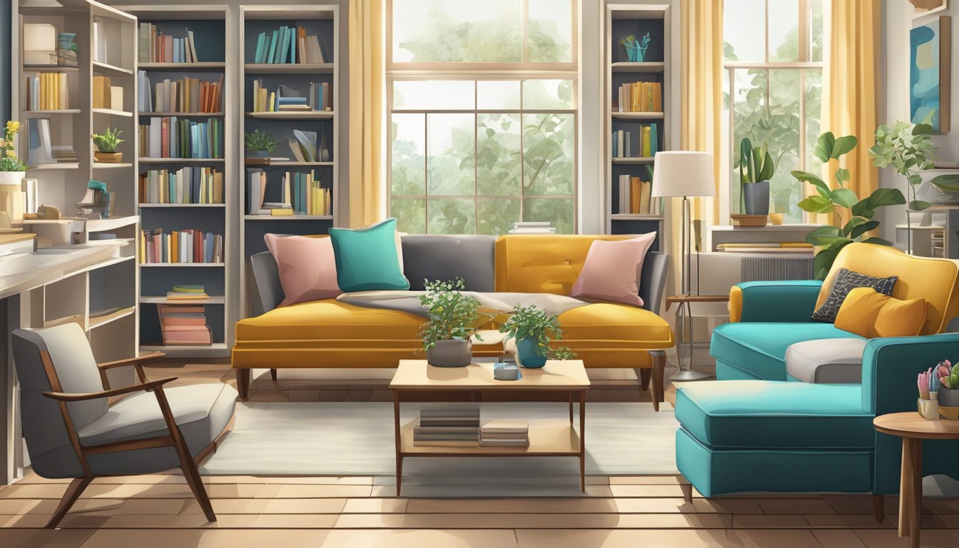 A room filled with various furniture pieces - chairs, tables, sofas, and shelves - arranged in different styles and materials
