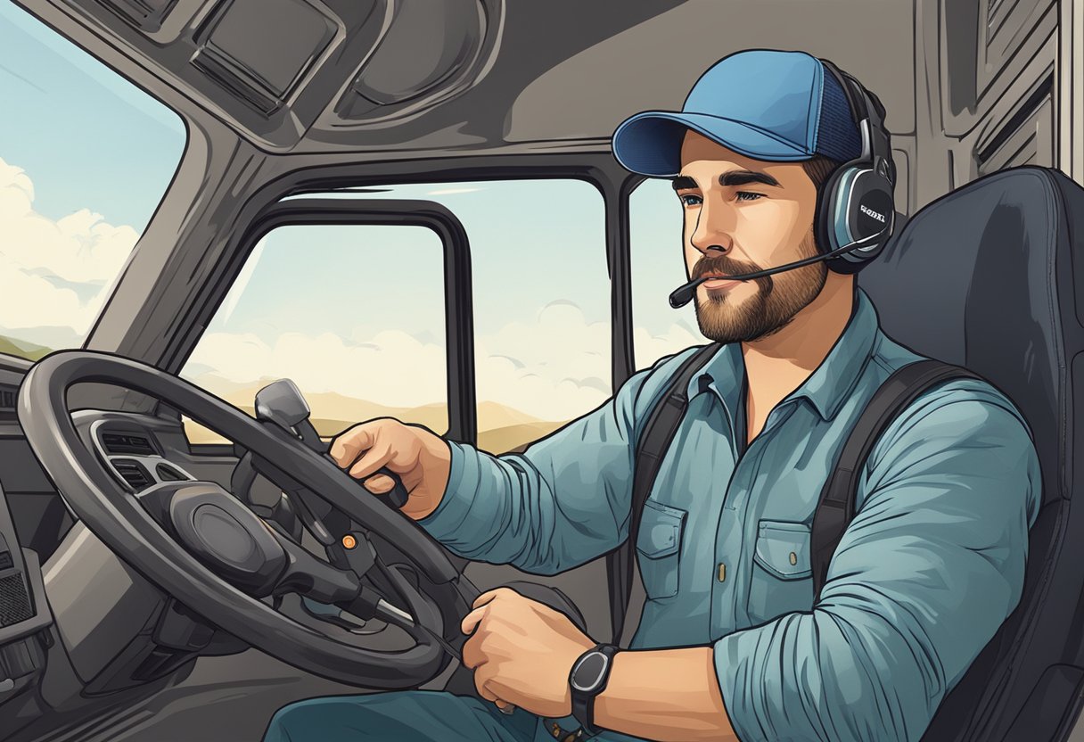 A trucker wearing a Bluetooth headset while driving a semi-truck