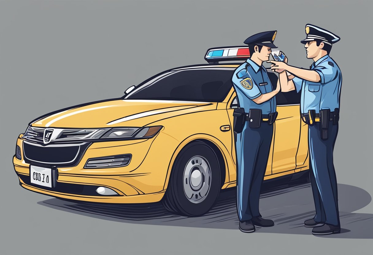 A driver standing beside their car, refusing a breathalyzer test, while a police officer gestures towards the device