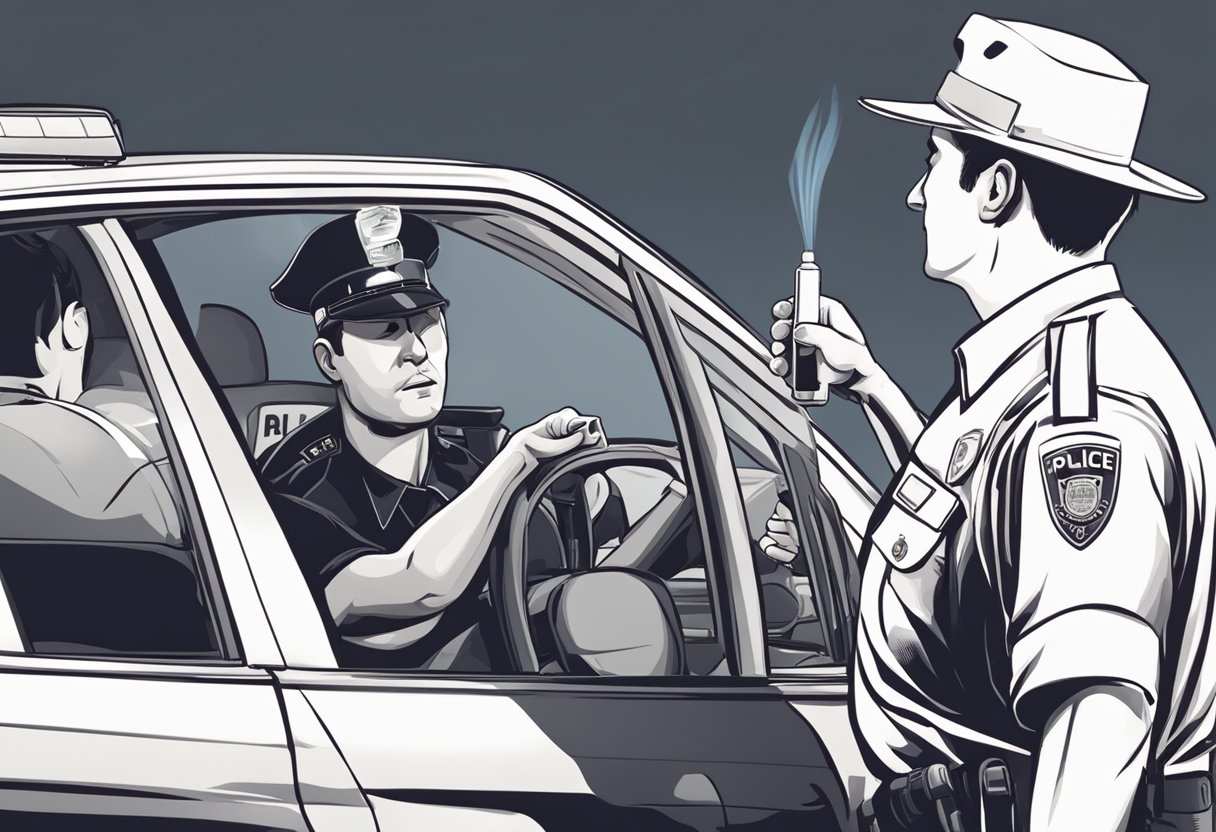 A police officer holds a breathalyzer while a driver refuses to take the test, asserting their rights. The officer gestures towards the patrol car, indicating the driver's next steps
