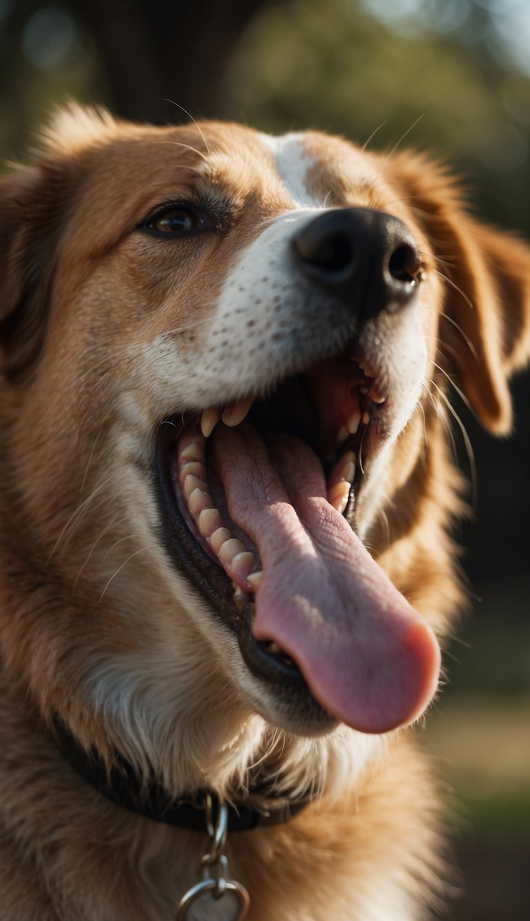 A dog with relaxed ears, wagging tail, and open mouth. A tense dog with raised fur, closed mouth, and a stiff body
