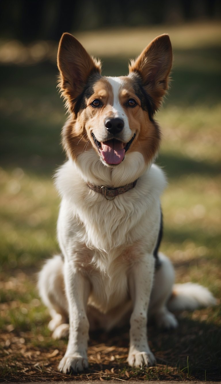 A dog with perked ears and a relaxed body, wagging its tail, while emitting soft whimpers and barks