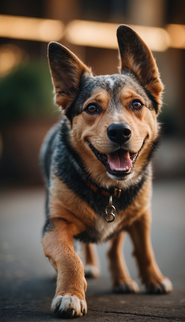 A dog wagging its tail, ears perked up, and mouth slightly open, showing a playful and excited expression