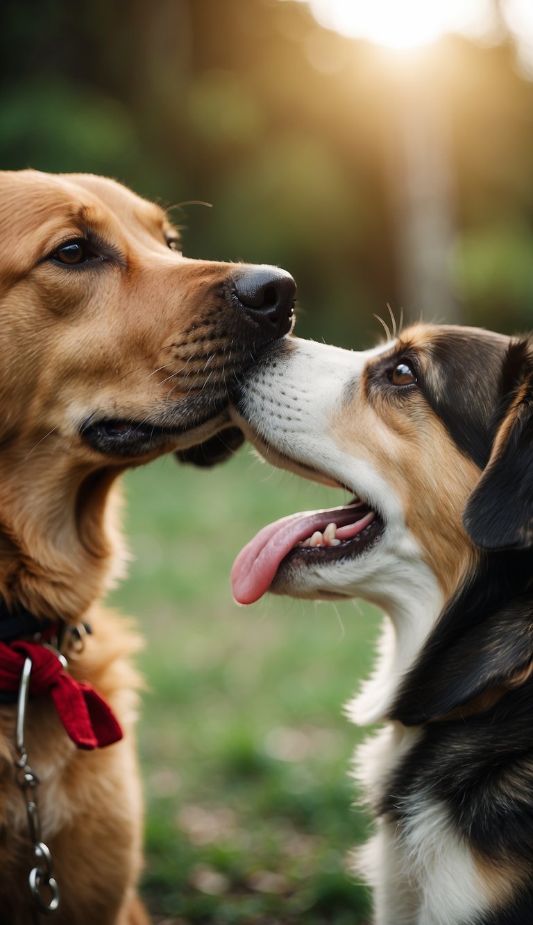 A dog nuzzling against another dog's neck, wagging its tail and licking the other dog's face, while the other dog leans into the nuzzle and closes its eyes in contentment