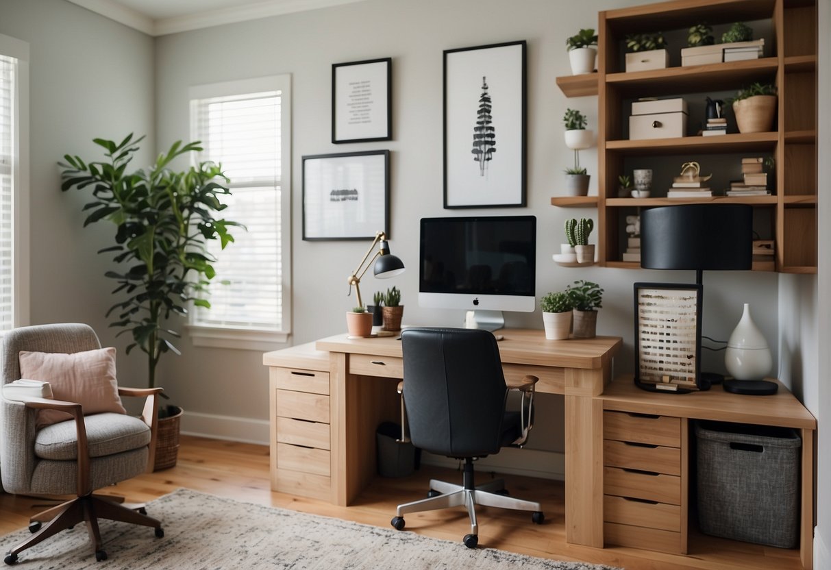 A bright, organized home office with a sleek desk, comfortable chair, and stylish storage solutions. Natural light floods the room, highlighting the modern decor and inspiring a productive work environment