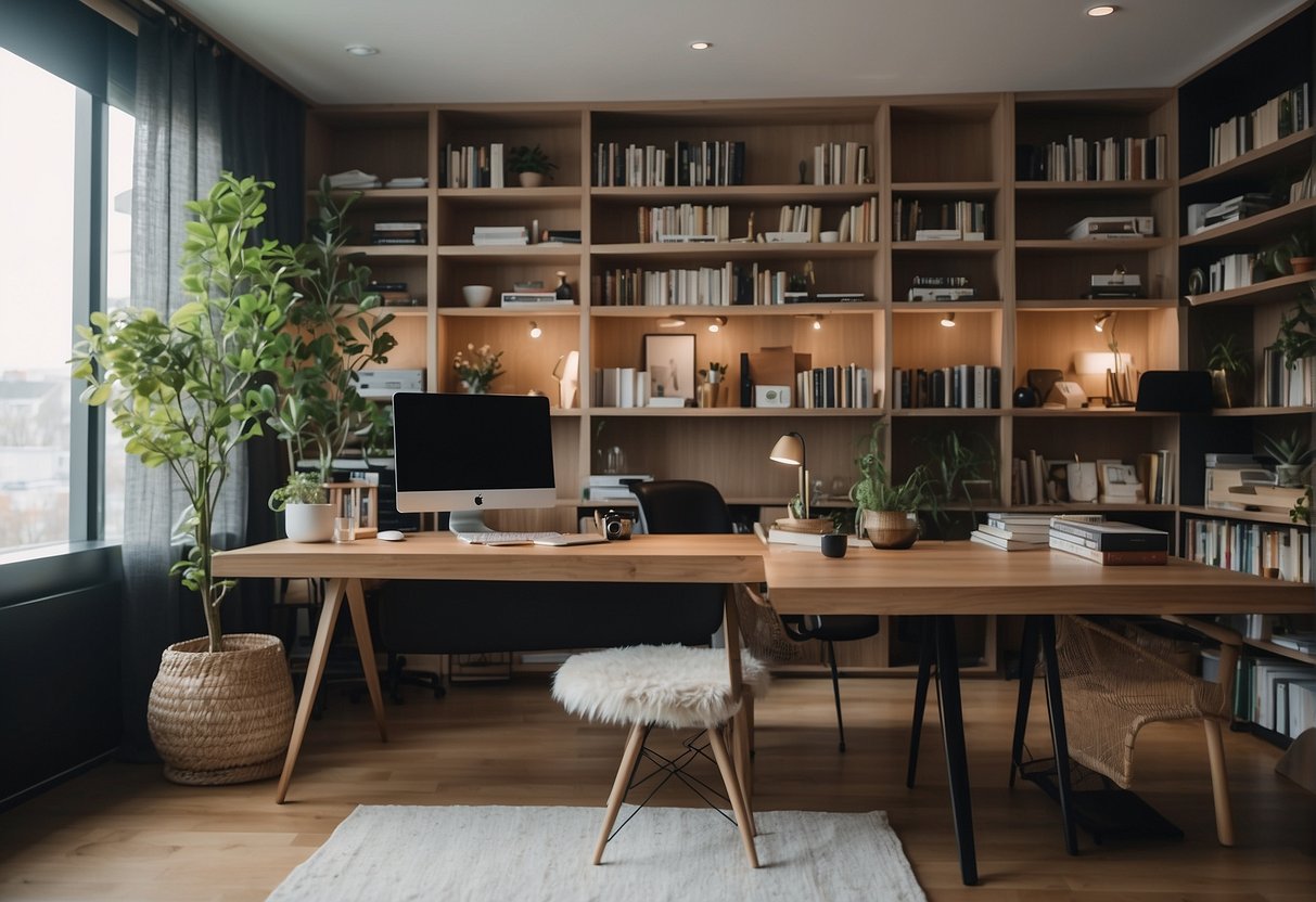 A cozy home office with a modern desk, comfortable chair, stylish bookshelves, and natural lighting from large windows