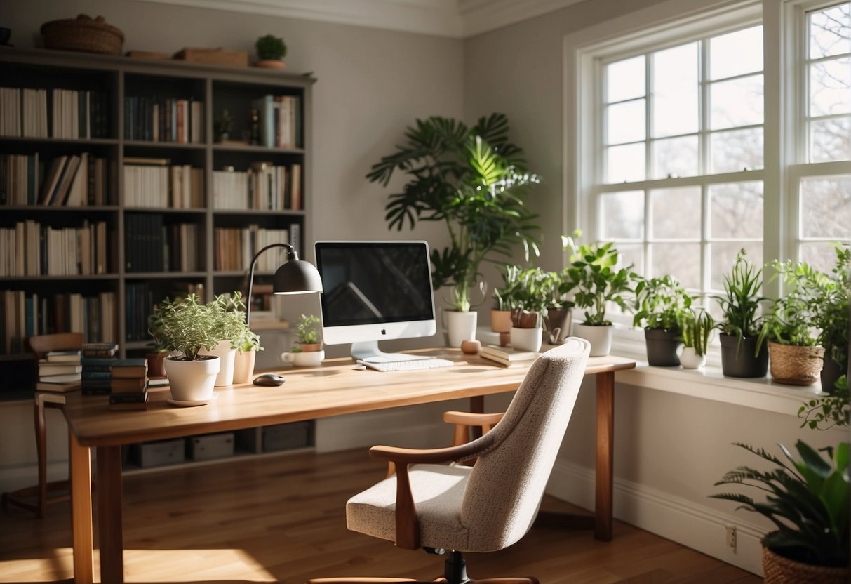 A bright, well-lit home office with natural light streaming in through large windows. Clean, organized desk with a laptop, notebook, and potted plants. Cozy chair and shelves filled with books and decorative items