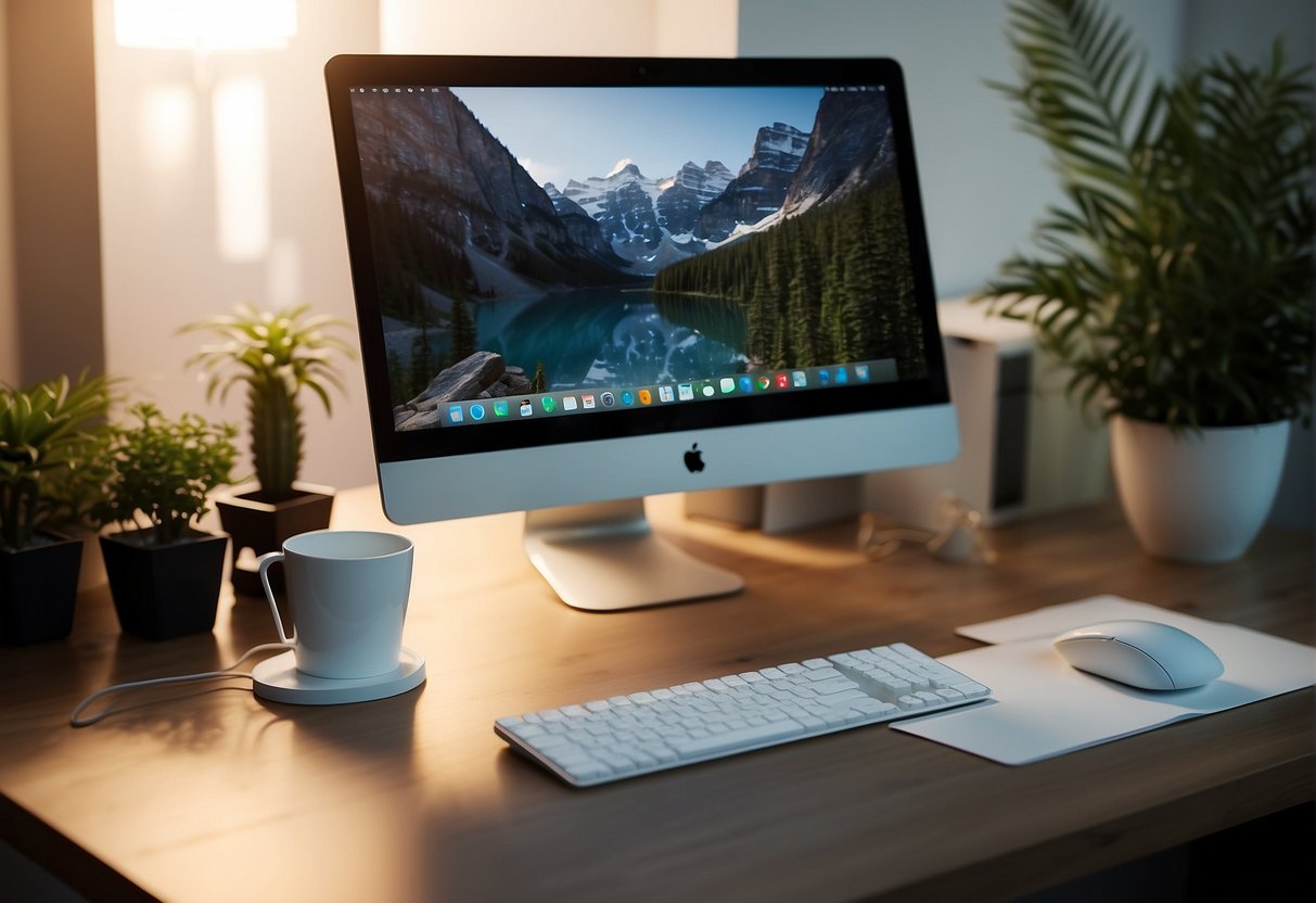 A modern office desk with a sleek computer monitor, keyboard, and mouse. A stylish desk lamp illuminates the space, while a plant adds a touch of nature