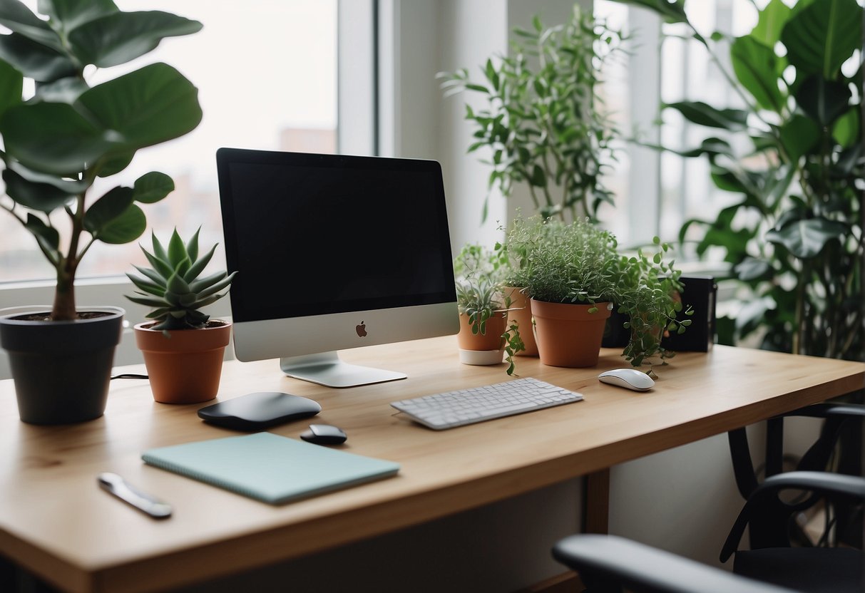 An office desk with potted plants, hanging greenery, and natural light. A cozy chair, stylish desk accessories, and a pop of color