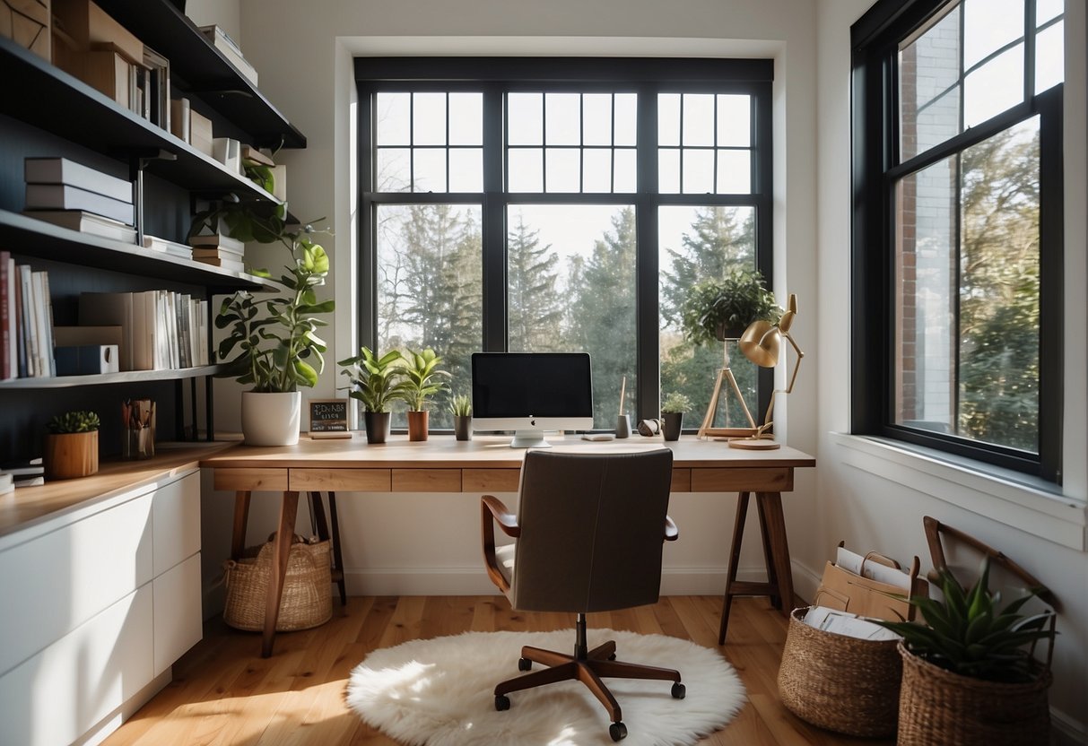 A tidy home office with organized shelves, a comfortable desk, and a stylish chair. Natural light streams in through a window, illuminating the space