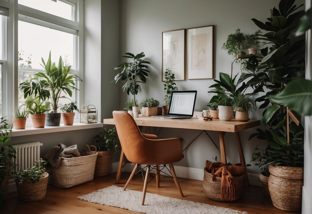 A cozy home office with natural light, plants, and soft furnishings for comfort and well-being. A clutter-free desk with a laptop, a stylish chair, and inspirational wall art complete the scene