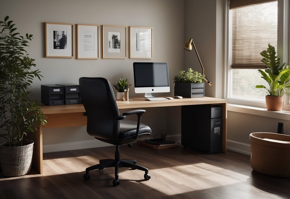 A tidy desk with organized files, a sleek computer, and minimal decor. A trash can and recycling bin are neatly tucked away. The windows are open, letting in natural light