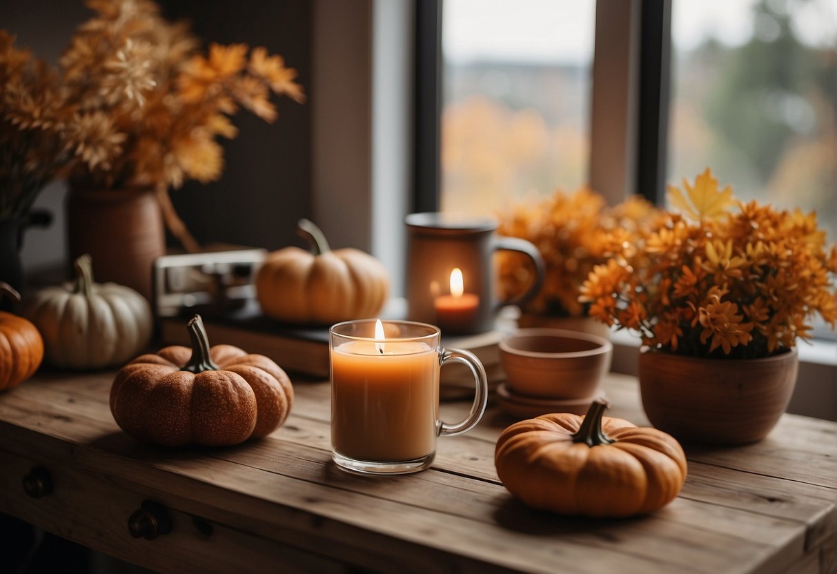 A cozy home office with fall-themed decor, including warm-colored throw pillows, a pumpkin spice scented candle, and a rustic wooden desk