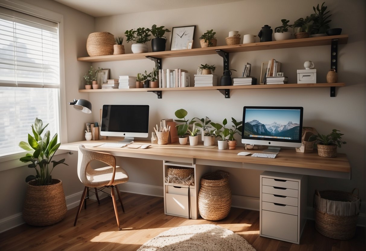 Two desks face each other in a cozy home office, adorned with chic decor and organized supplies. Natural light floods the room, creating a warm and inviting workspace