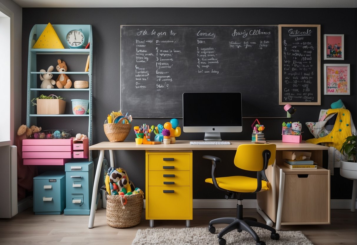 A bright, colorful office space with ergonomic furniture, playful decor, and child-friendly elements such as a chalkboard wall and toy storage