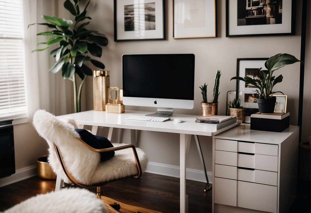 A woman's home office with a secure and private setting, featuring modern furniture, a computer, and stylish decor