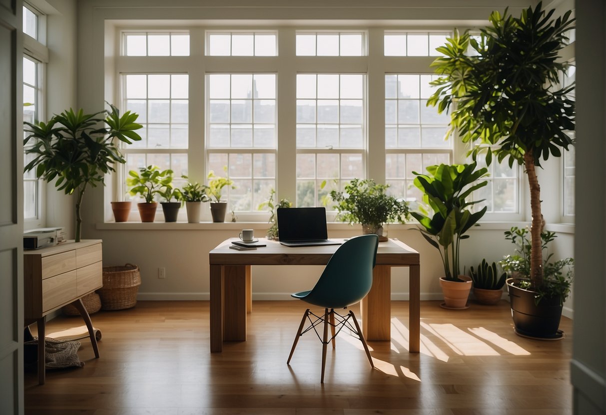 A woman sits at a stylish home office desk, surrounded by plants and natural light. A laptop, notebook, and pen are neatly arranged. A framed inspirational quote hangs on the wall