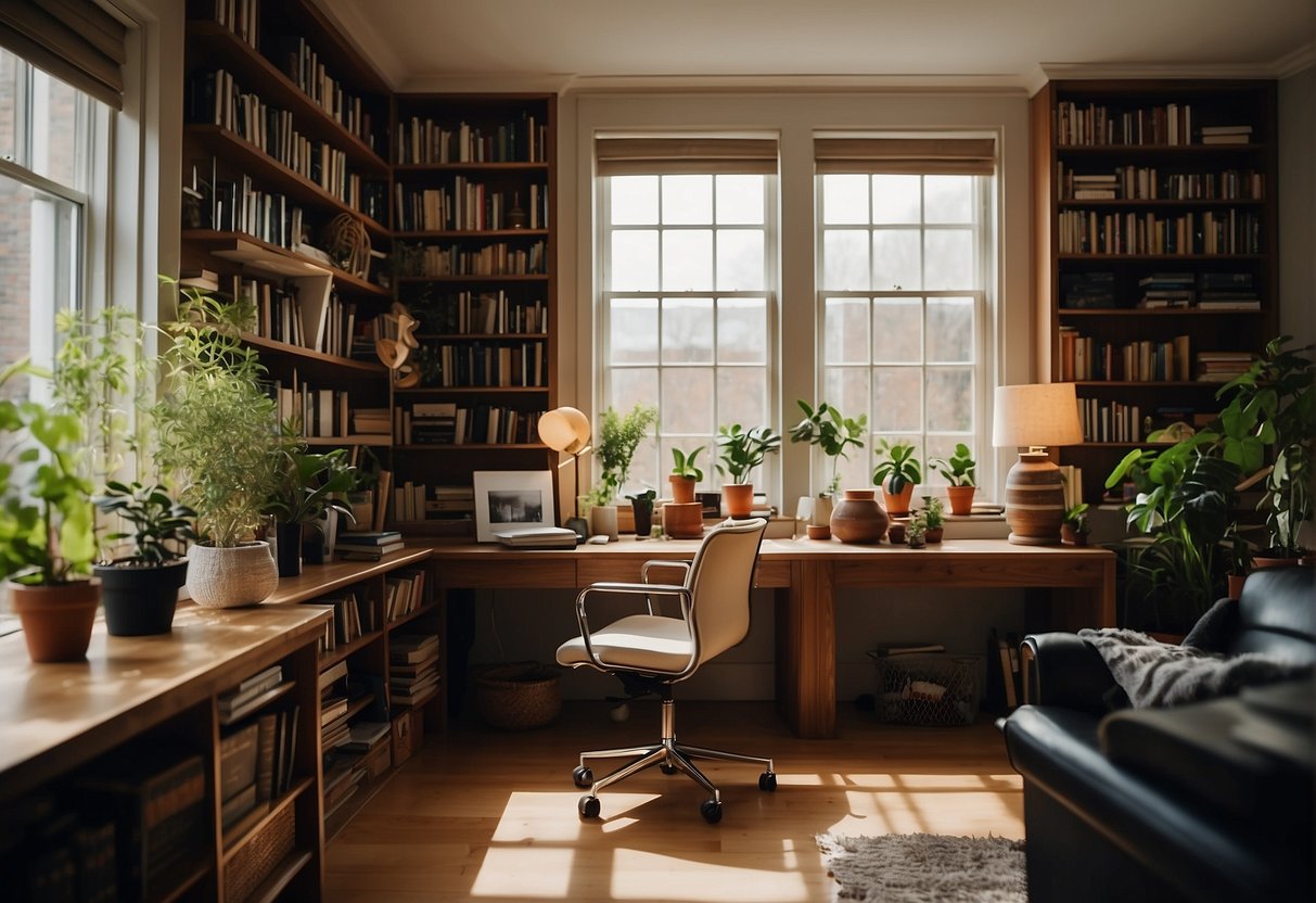 A cozy home office with a sleek desk, ergonomic chair, and stylish decor. Natural light floods in from a large window, illuminating the space. A bookshelf filled with books and plants adds a touch of warmth to the room