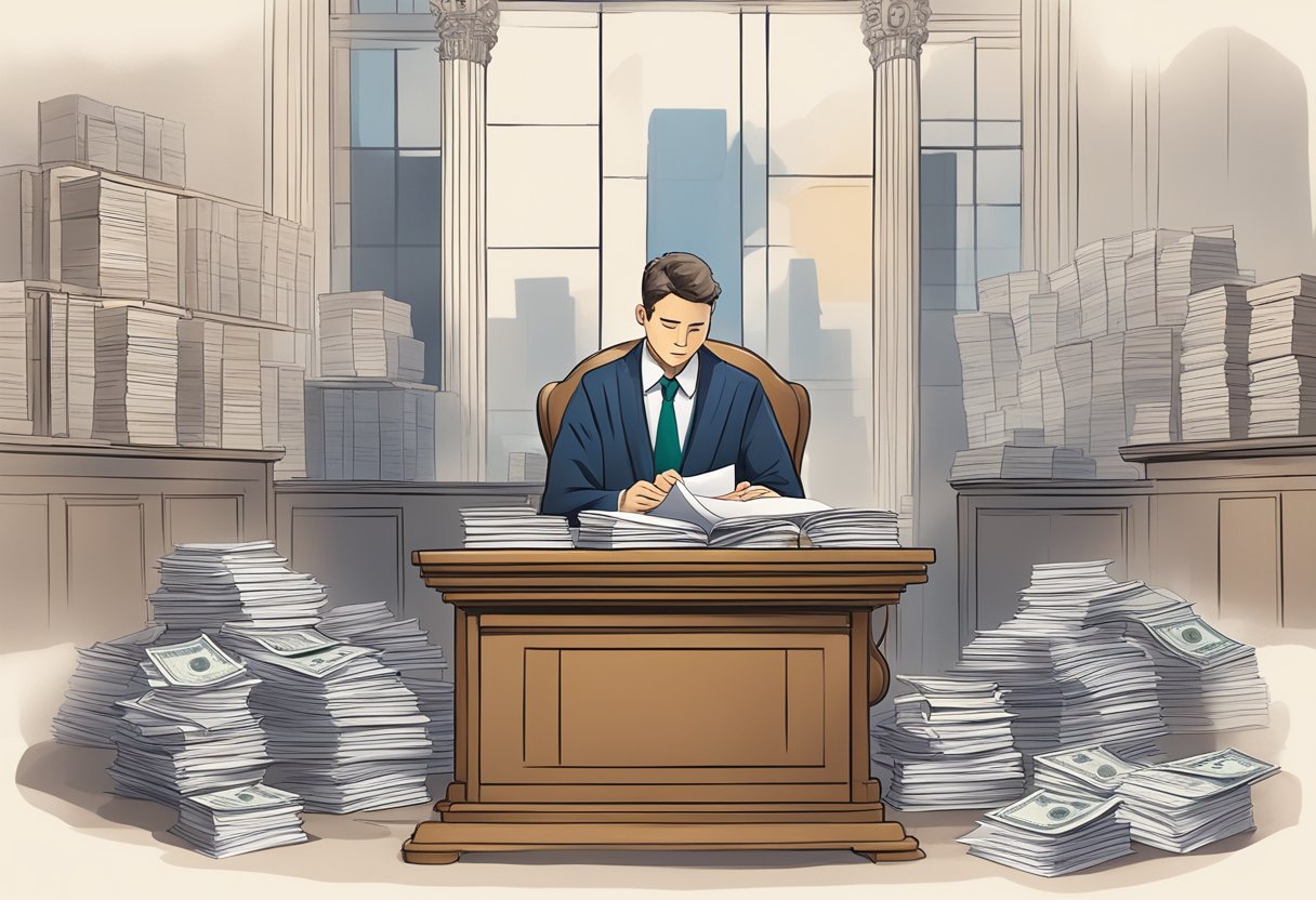 A person reading a legal document with a thoughtful expression, surrounded by financial paperwork and a scale symbolizing justice
