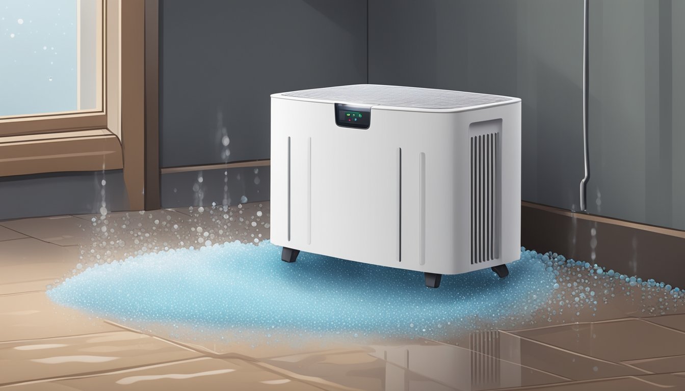 A dehumidifier sits in a damp basement, surrounded by moisture-absorbing crystals and a puddle of water