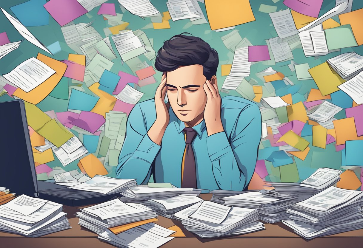 A person surrounded by bills and financial documents, looking overwhelmed