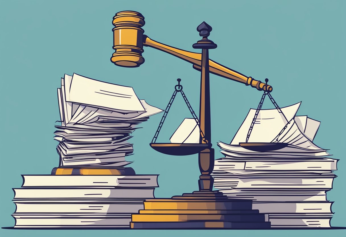 A scale balancing a stack of debt papers and a pile of legal documents, with a gavel symbolizing consumer protection