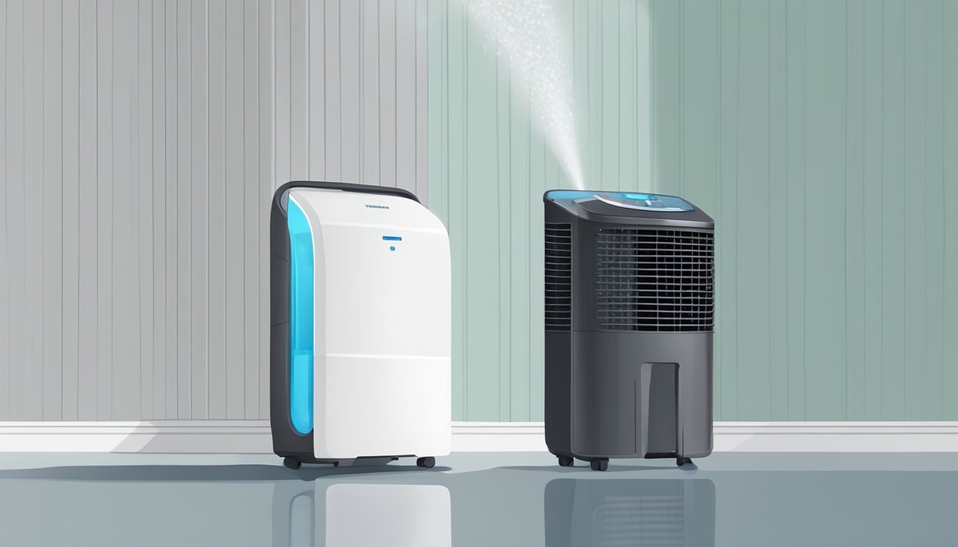 A dehumidifier sits in a well-ventilated room, plugged in and turned on. A clear container collects water as the machine efficiently removes moisture from the air