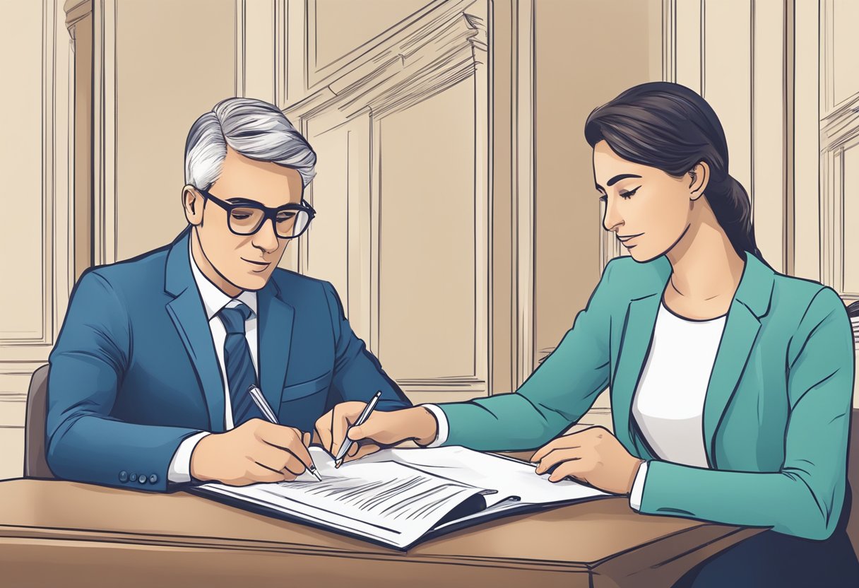 A person signing a document with a bank representative explaining the Superendividamento Law and its benefits