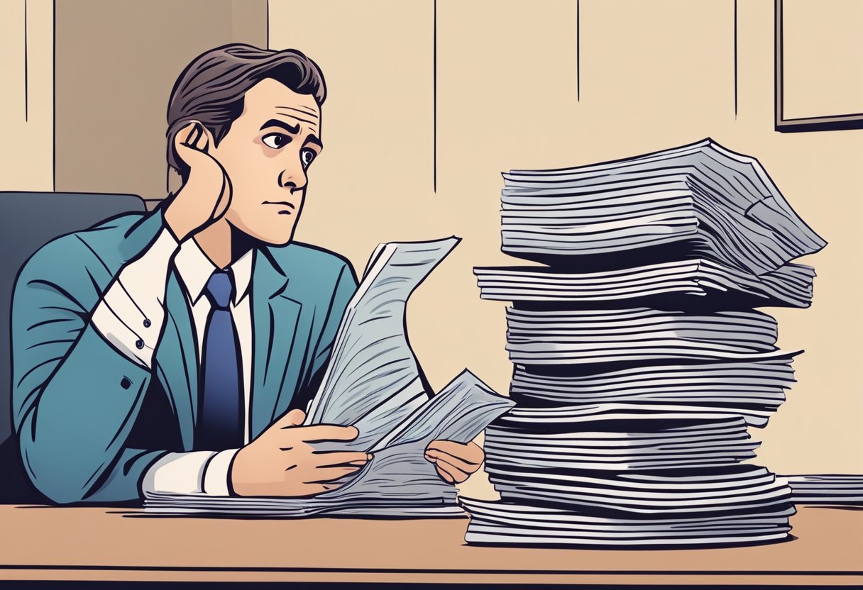 A person holding a stack of bills and a worried expression, while a lawyer explains debt negotiation laws