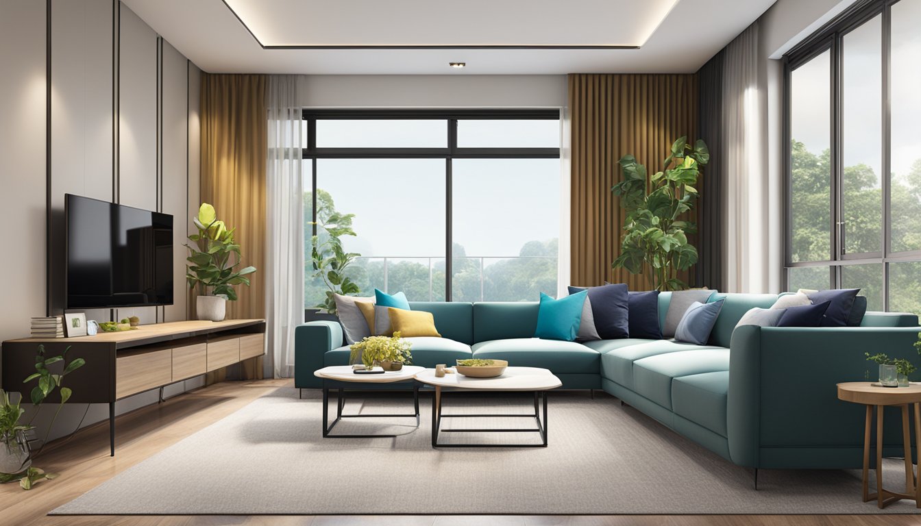 A modern living room in Singapore, featuring sleek furniture and vibrant decor