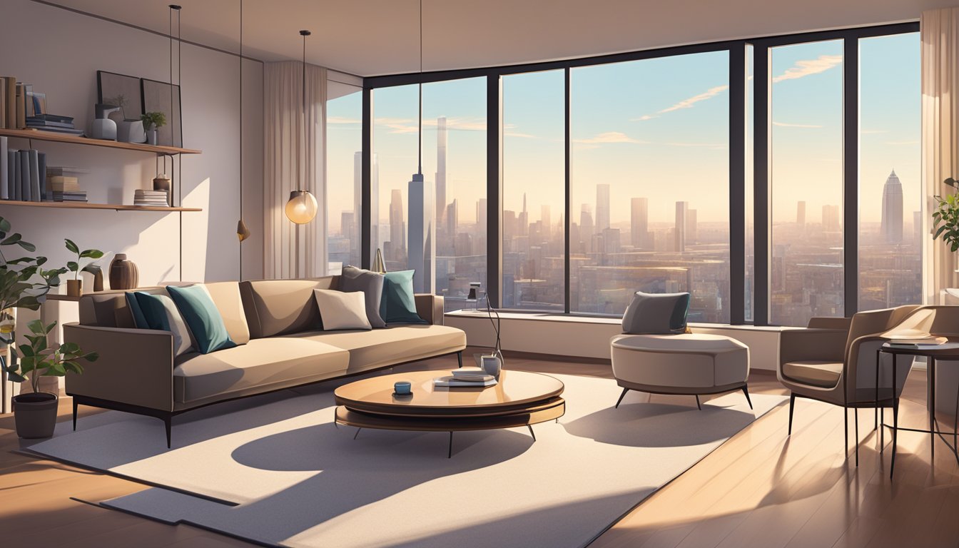 A cozy living room with modern furniture, including a sleek sofa, a stylish coffee table, and a minimalist bookshelf. The room is bathed in natural light, with large windows offering a view of the city skyline