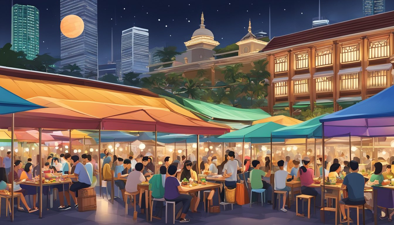Lau Pa Sat in Singapore bustles with colorful food stalls and lively chatter under the illuminated night sky