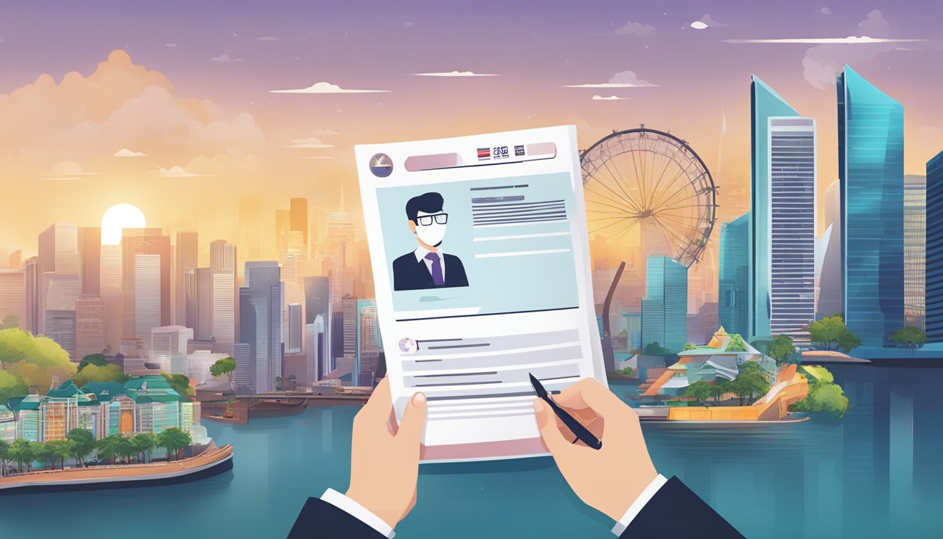 A person holding a waiver document with the DBS Cashline logo, surrounded by a Singaporean cityscape and financial symbols