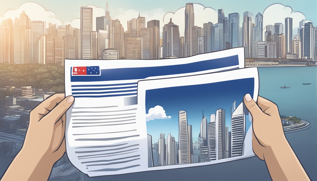 A hand holding a UOB Cashplus personal loan document with a Singaporean skyline in the background