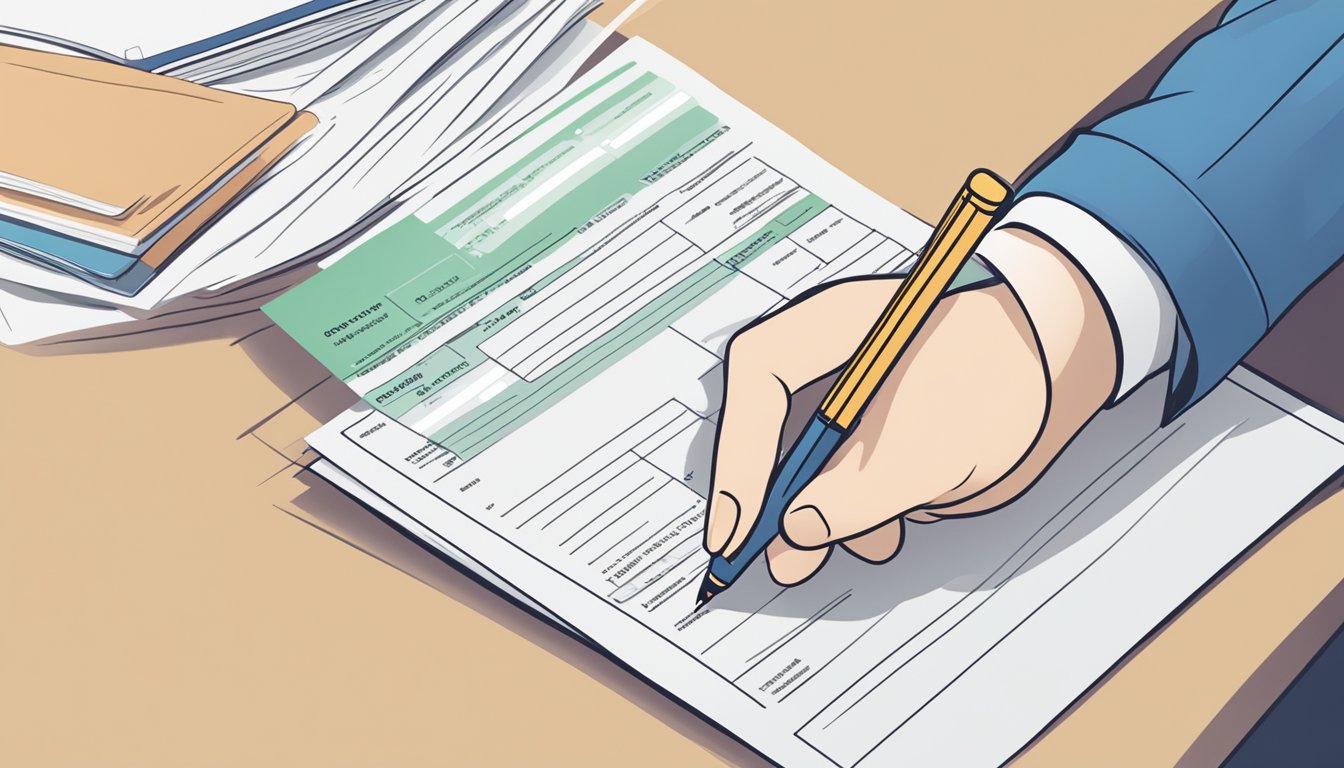 A hand holding a pen fills out a DBS Cashline waiver form in Singapore