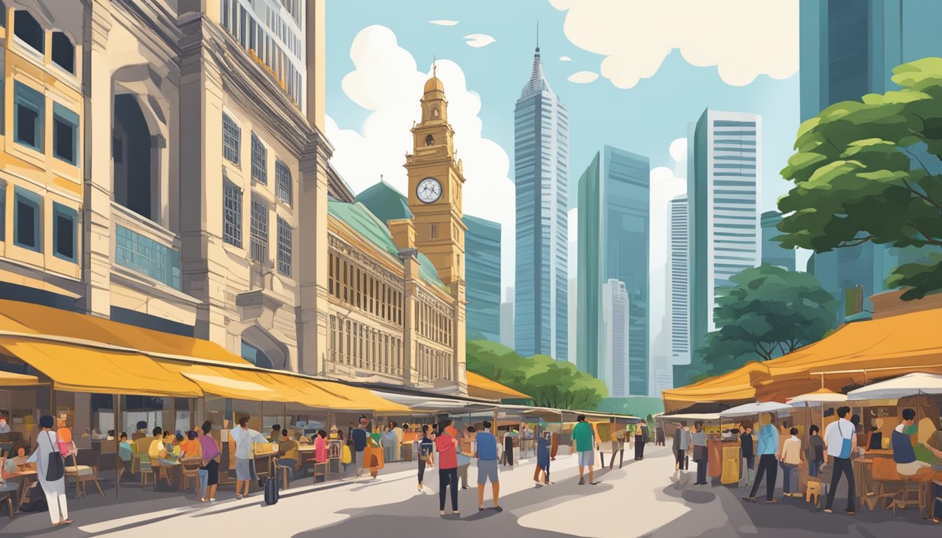 Lau Pa Sat buzzes with vibrant energy, as the historic architecture contrasts with modern skyscrapers. The aroma of diverse cuisines fills the air, while locals and tourists mingle in the bustling atmosphere