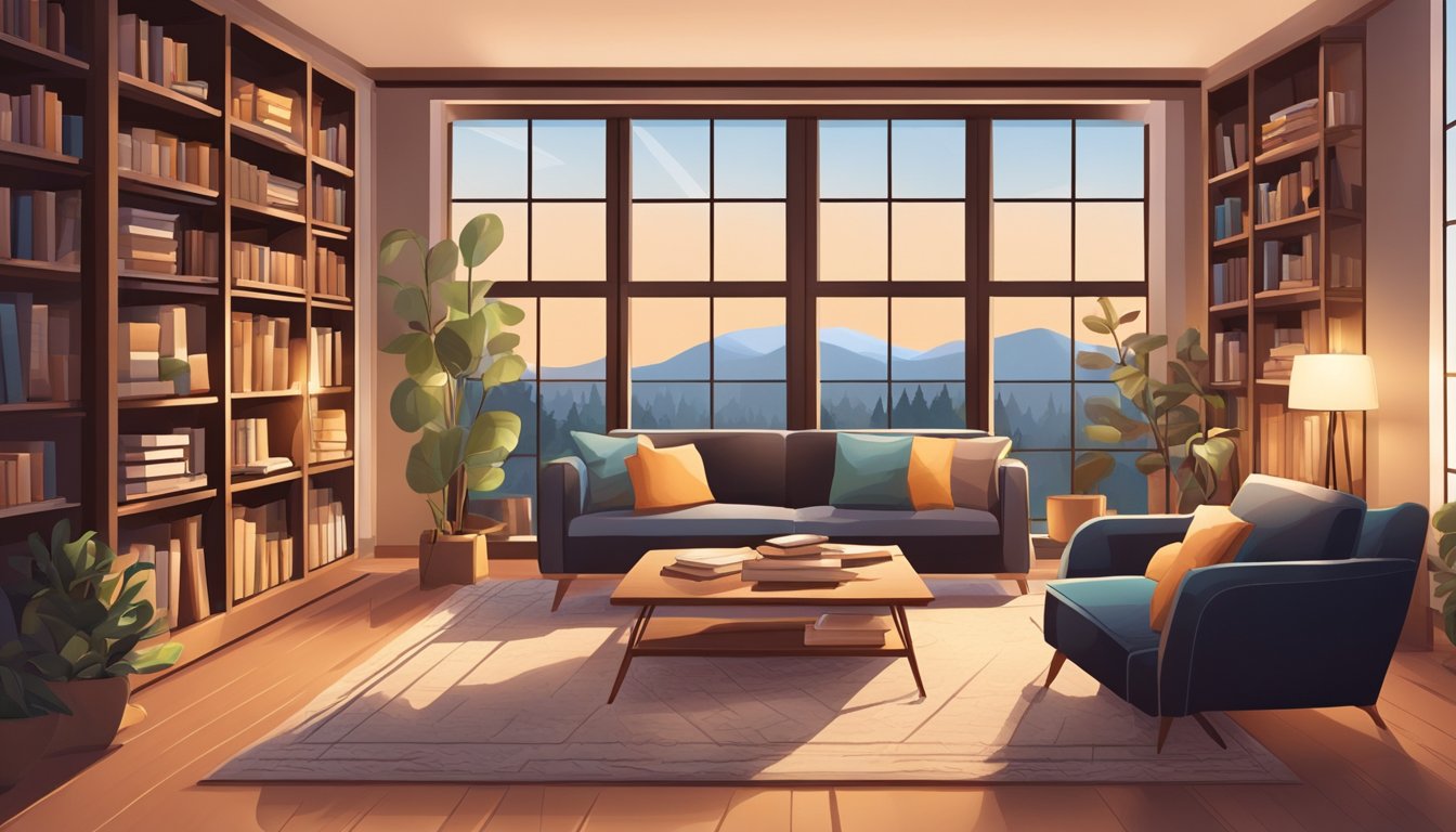 A cozy living room with a plush sofa, elegant coffee table, and soft area rug. A bookshelf filled with books and decorative items. Warm lighting and large windows with a view