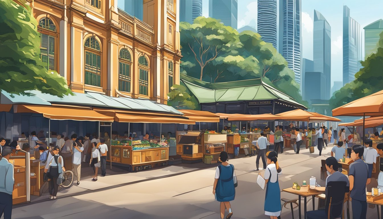 The iconic Lau Pa Sat in Singapore bustles with vibrant food stalls under its ornate Victorian architecture, surrounded by bustling city streets and modern skyscrapers
