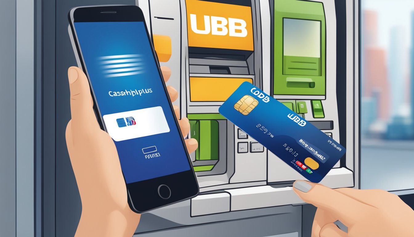 A person swiping their UOB Cashplus card at an ATM, with a smartphone displaying the Cashplus account balance in the background
