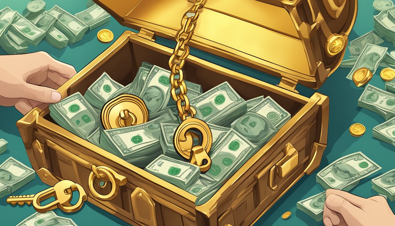 A hand holding a golden key unlocking a treasure chest full of cash and rewards