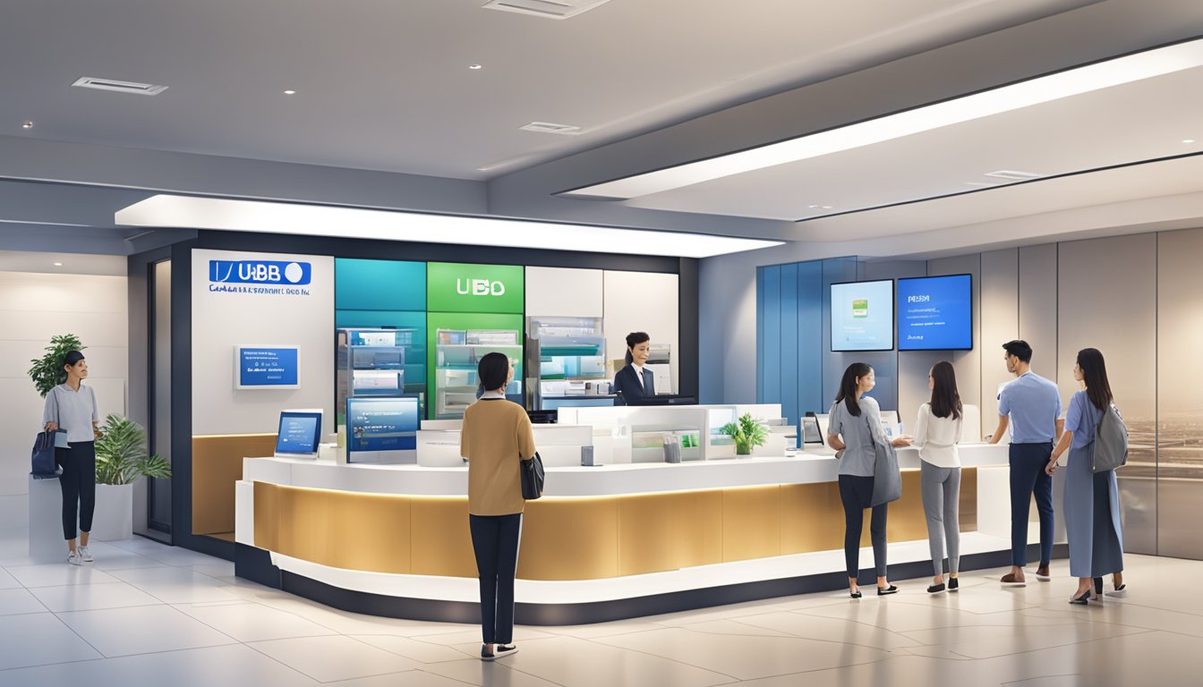 UOB Cashplus personal loan Singapore: A sleek, modern bank branch with a digital kiosk and friendly staff assisting customers