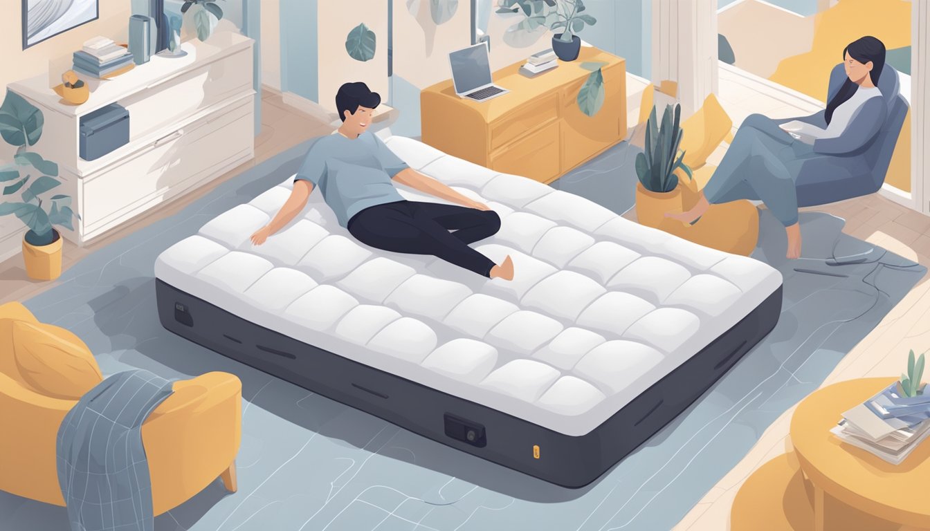 A person lying on a mattress, surrounded by various options. They are testing each one for comfort and support, trying to find the perfect fit