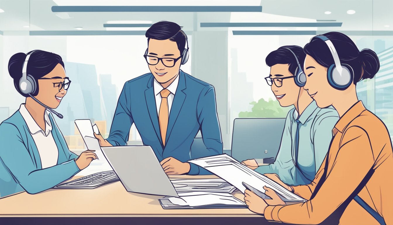 A customer service representative processes a waiver for a DBS Cashline account in Singapore, while receiving feedback from a satisfied customer