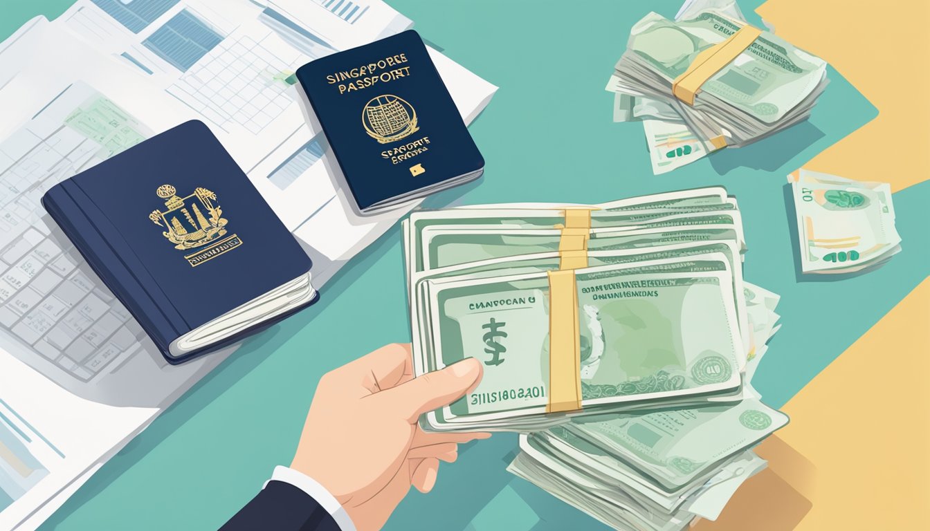 A hand holding a Singaporean passport with a DBS Cashline waiver letter, next to a stack of Singapore dollar bills and a financial management report