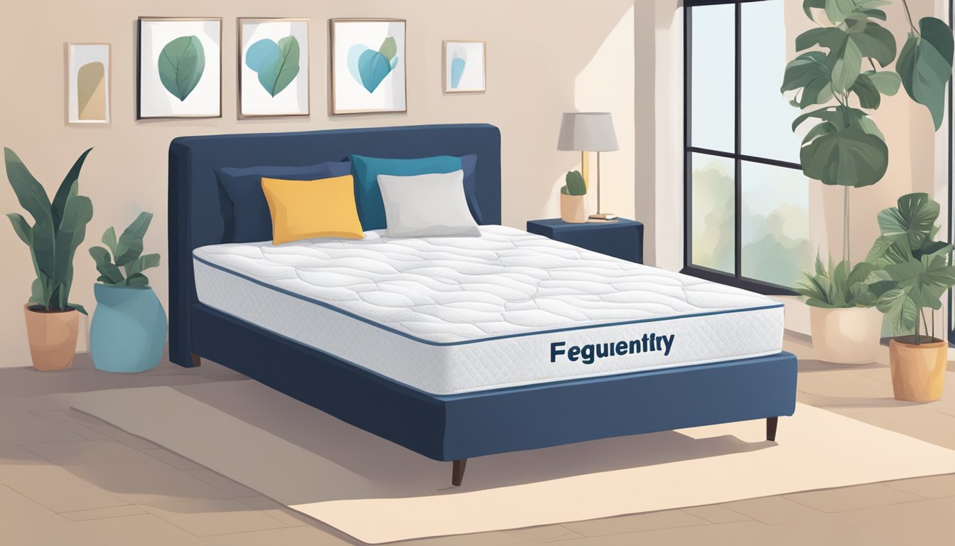 A mattress with "Frequently Asked Questions" printed on the cover, surrounded by question marks and a customer service representative nearby